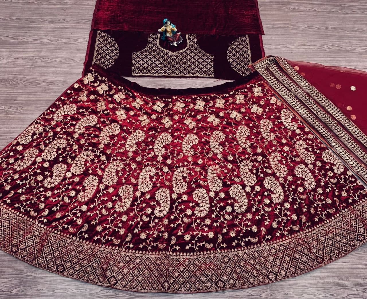 Maroon Lehenga Choli In Velvet With Cording Embroidery Work