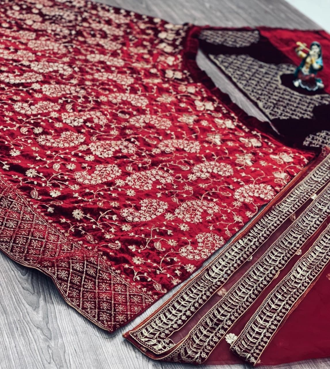 Maroon Lehenga Choli In Velvet With Cording Embroidery Work