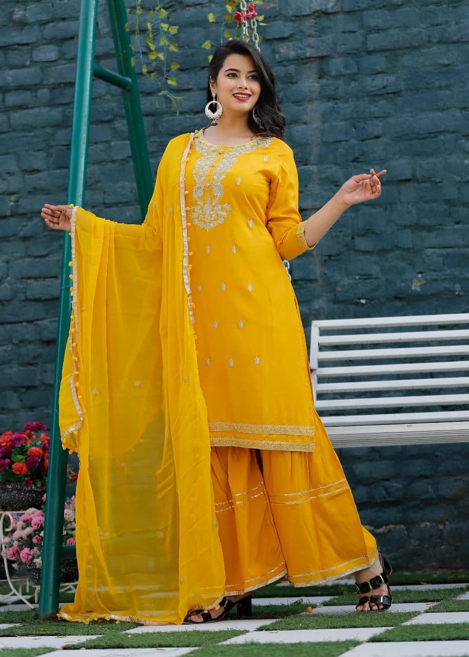 Yellow Sharara Suit In Rayon Sulb With Embroidery Work