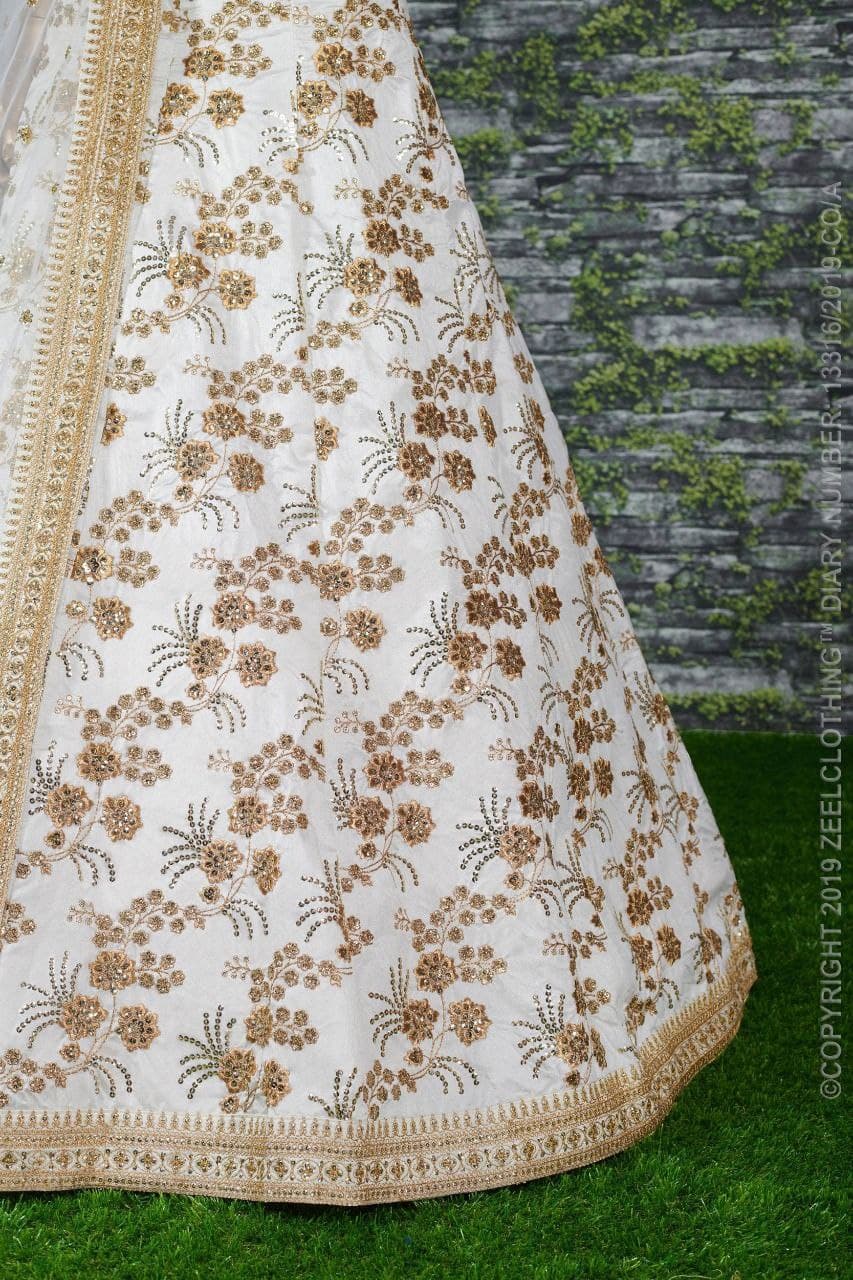 White Lehenga Choli In Thai Silk With Zari Sequence Embroidery Work