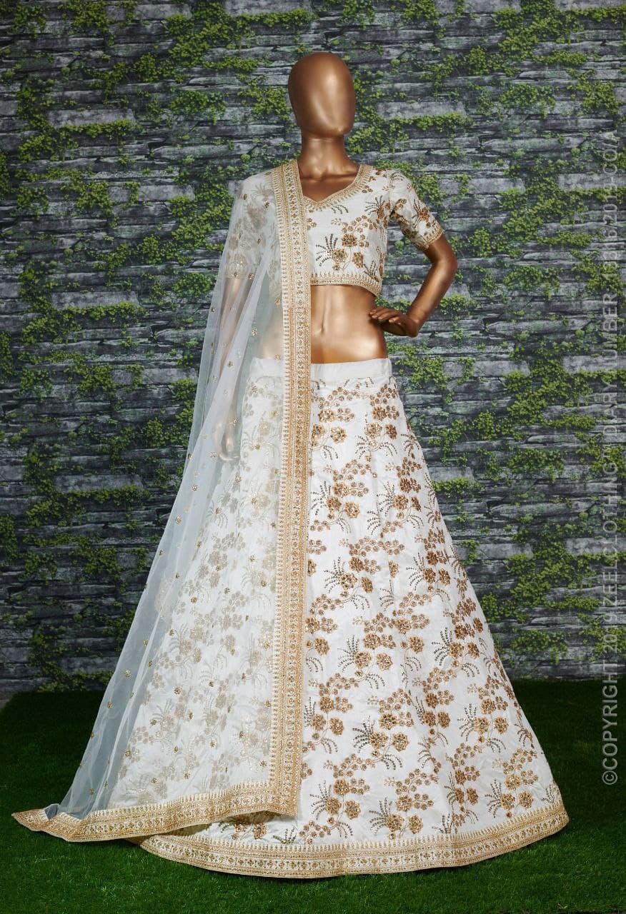 White Lehenga Choli In Thai Silk With Zari Sequence Embroidery Work