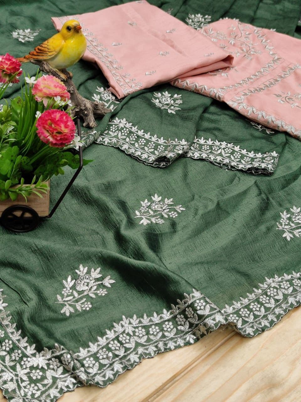 Olive Green Saree In Vichitra Silk With Multi Thread Embroidery Work