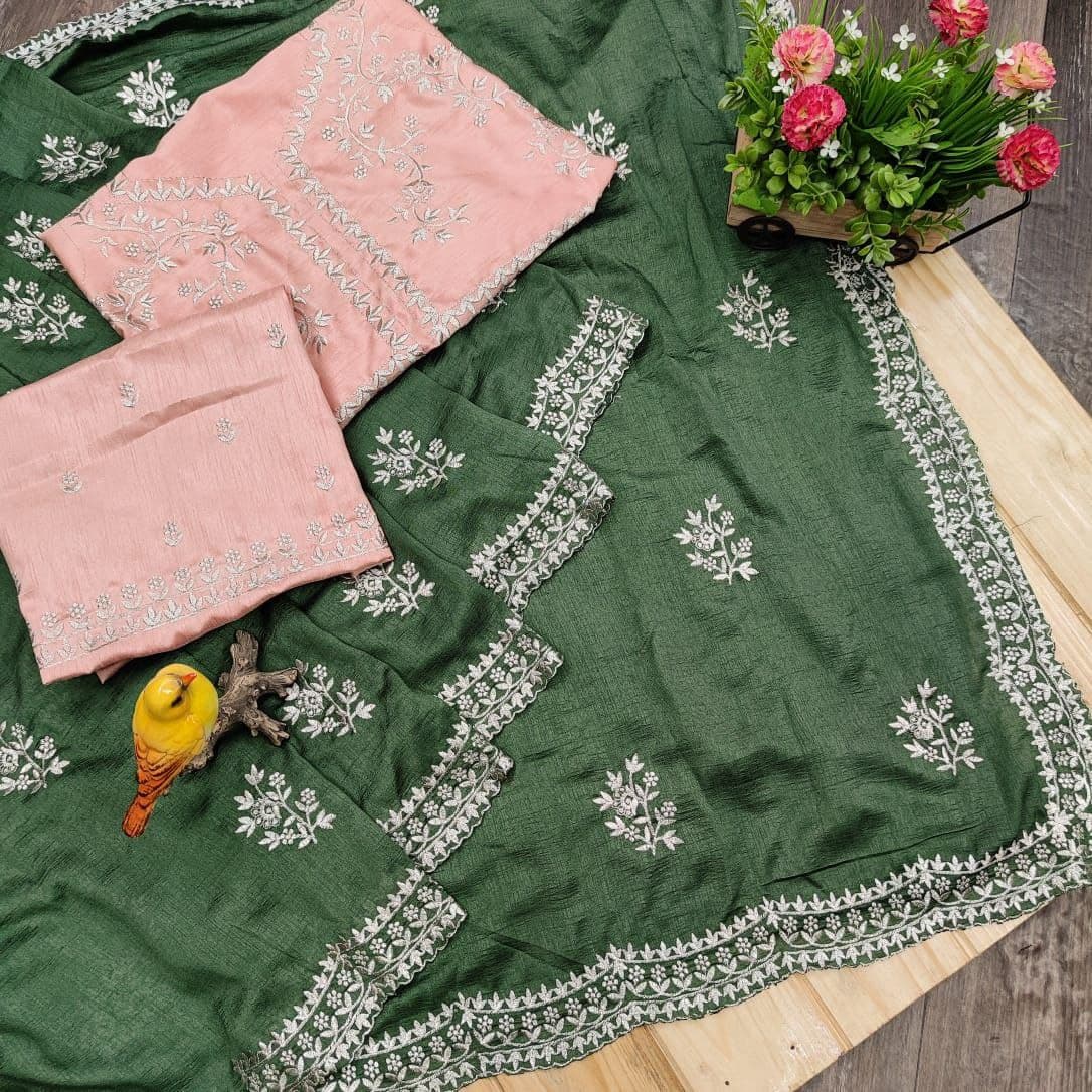 Olive Green Saree In Vichitra Silk With Multi Thread Embroidery Work