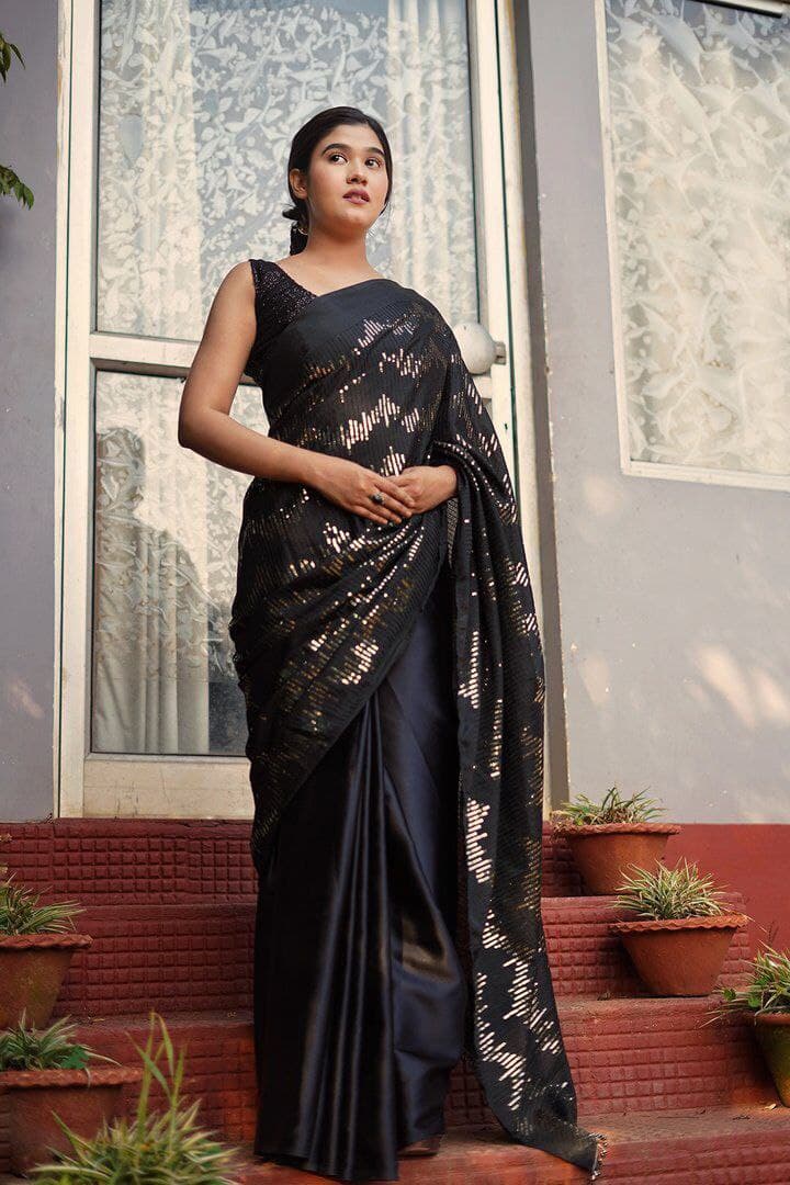 Black Saree In Japan Satin With Sequence Work