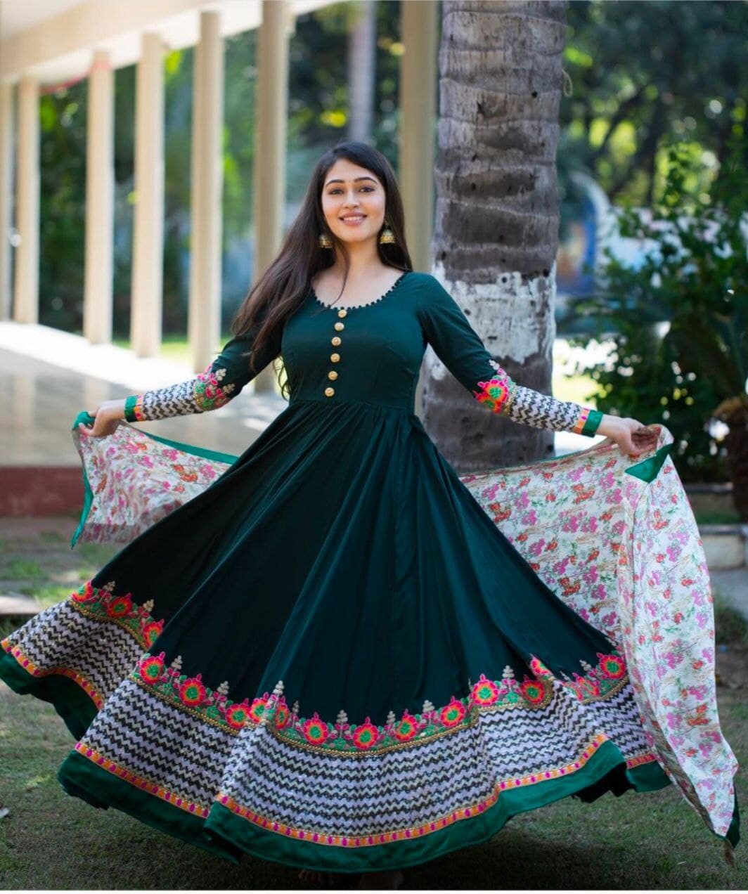 Bottle Green Gown In Fox Georgette With Embroidery Work