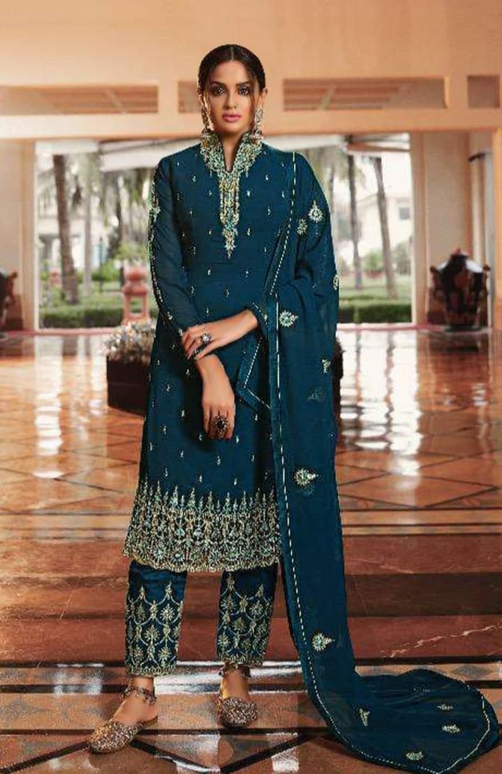 Navy Blue Salwar Suit In Fox Georgette With Embroidery Work