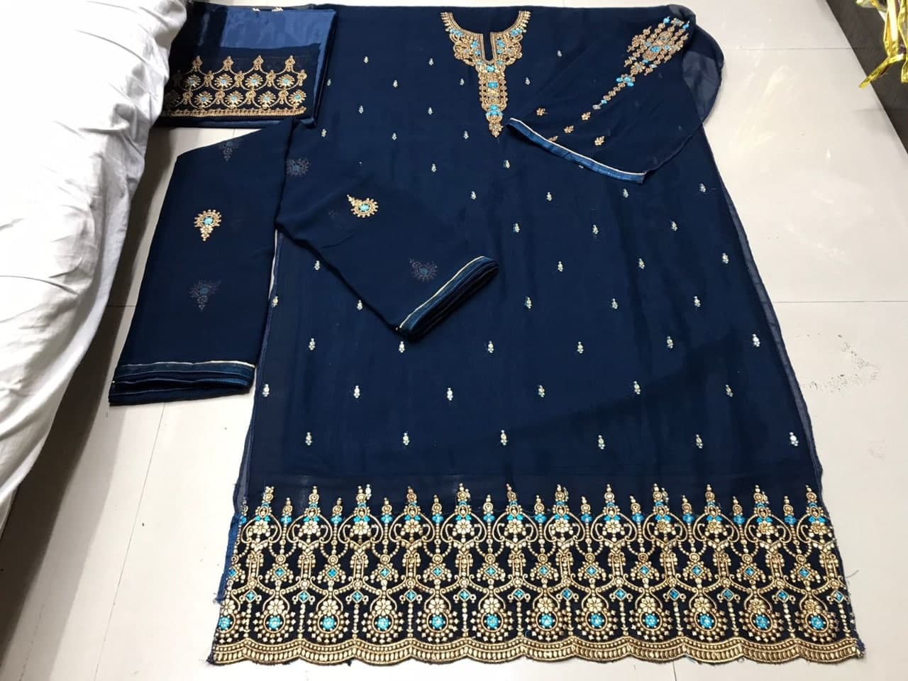 Navy Blue Salwar Suit In Fox Georgette With Embroidery Work