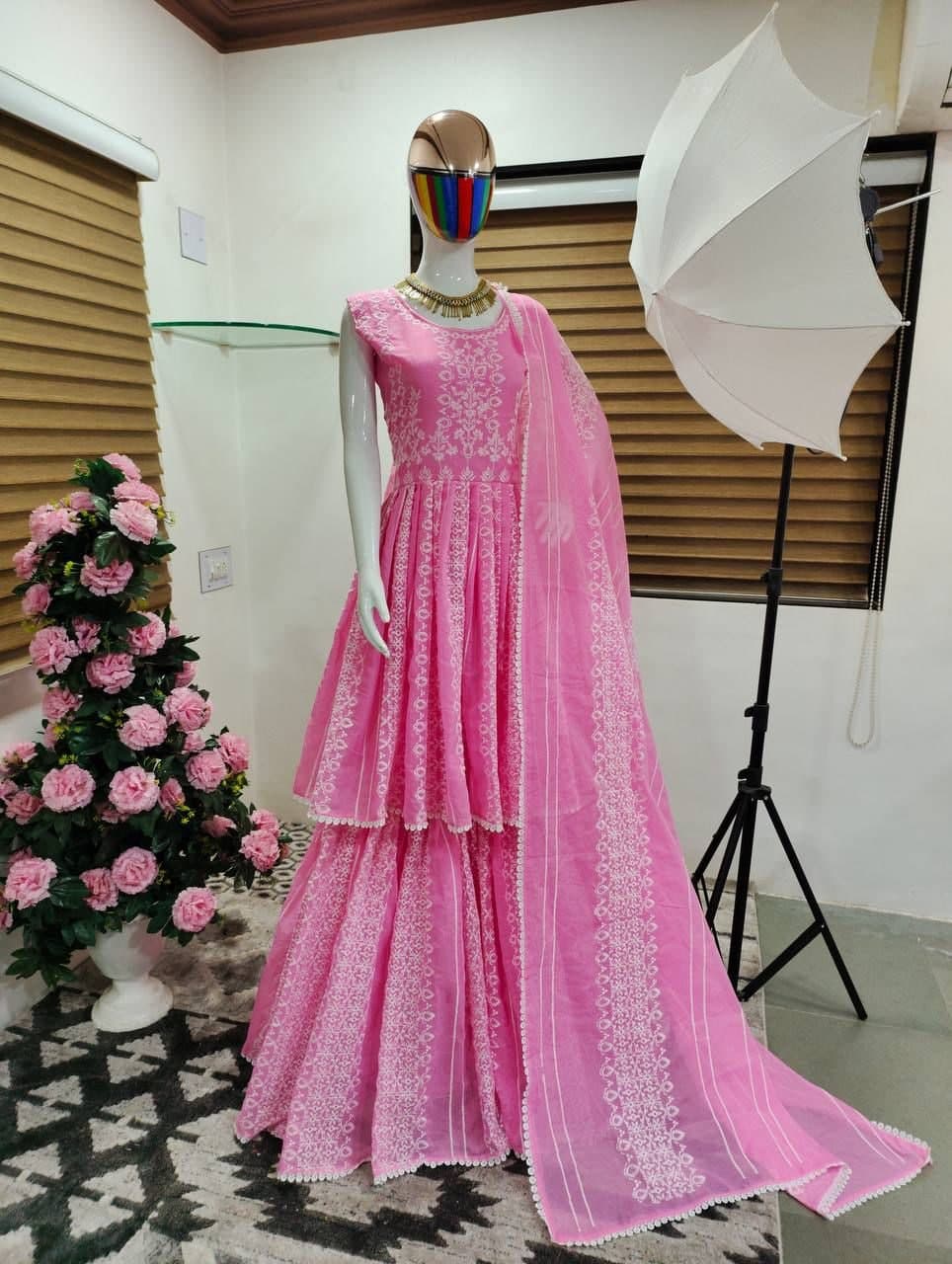 Pink Sharara Suit In Cotton Chanderi Silk With Embroidery Work