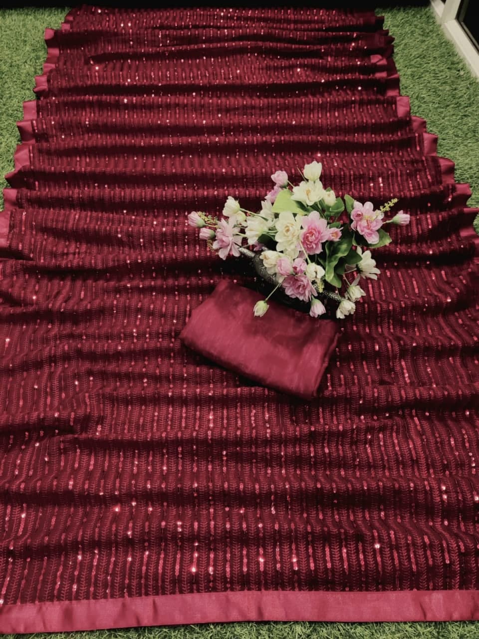 Maroon Saree In Heavy Georgette With Sequence Work