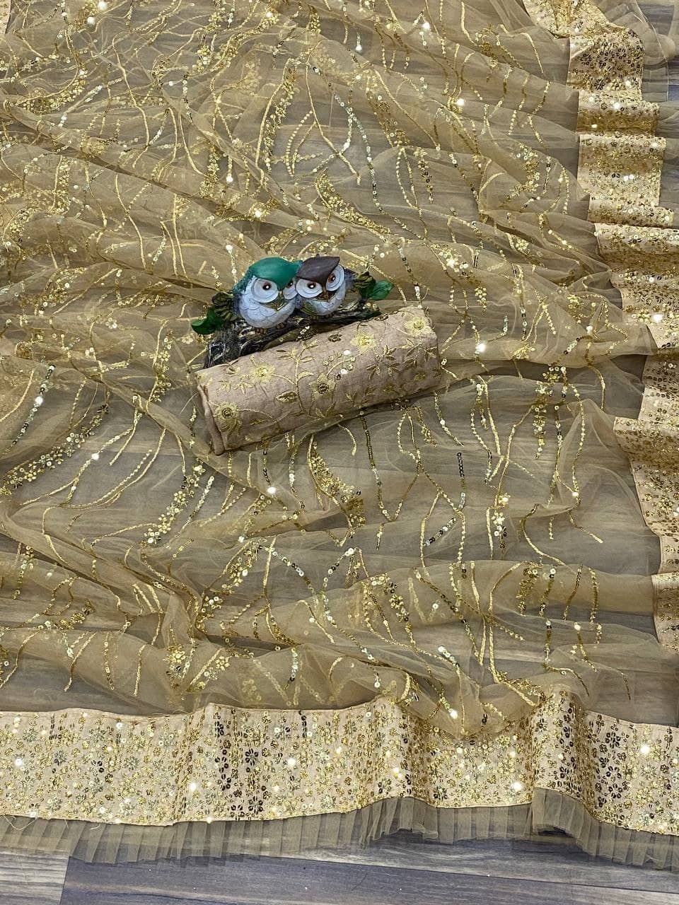 Golden Saree In Nylon Mono Net With Embroidery Work