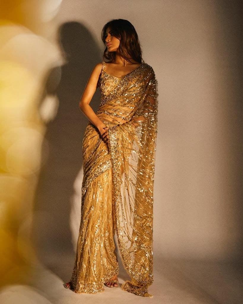 Golden Saree In Nylon Mono Net With Embroidery Work