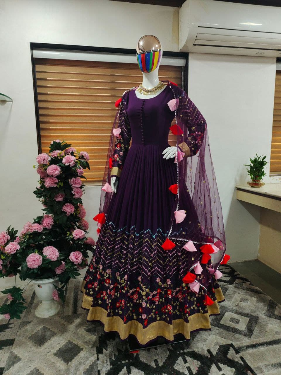 Wine Gown In Fox Georgette With Embroidery Work