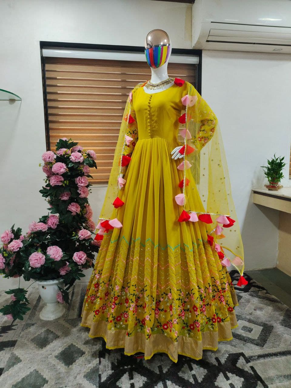 Yellow Gown In Fox Georgette With Embroidery Work