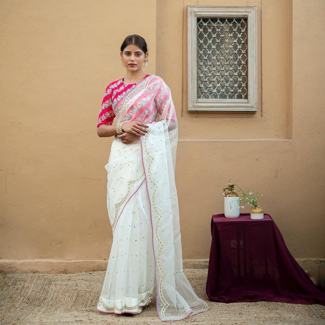 White Saree In Organza Silk With Sequence Work