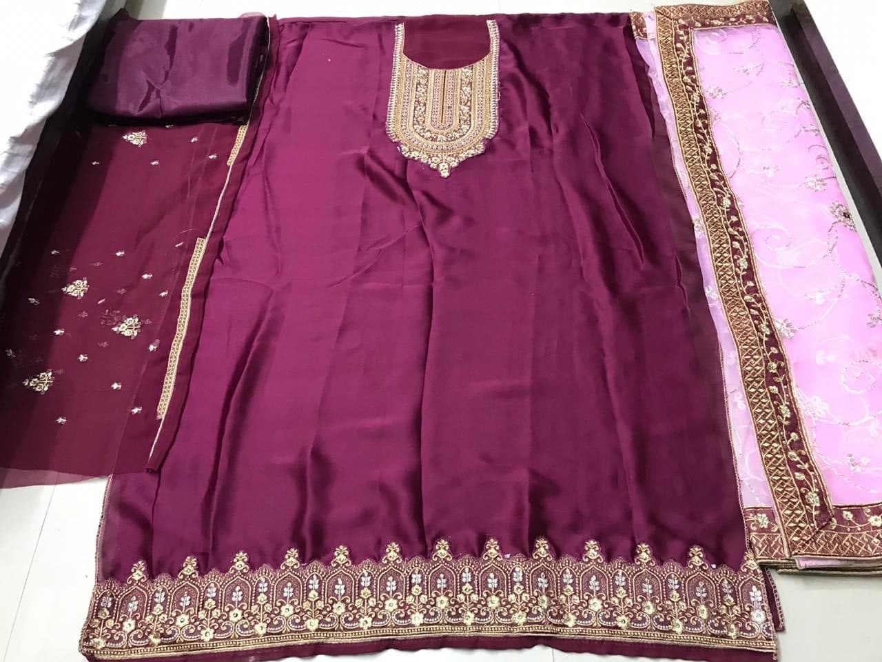 Wine Salwar Suit In Satin Georgette With Embroidery Work