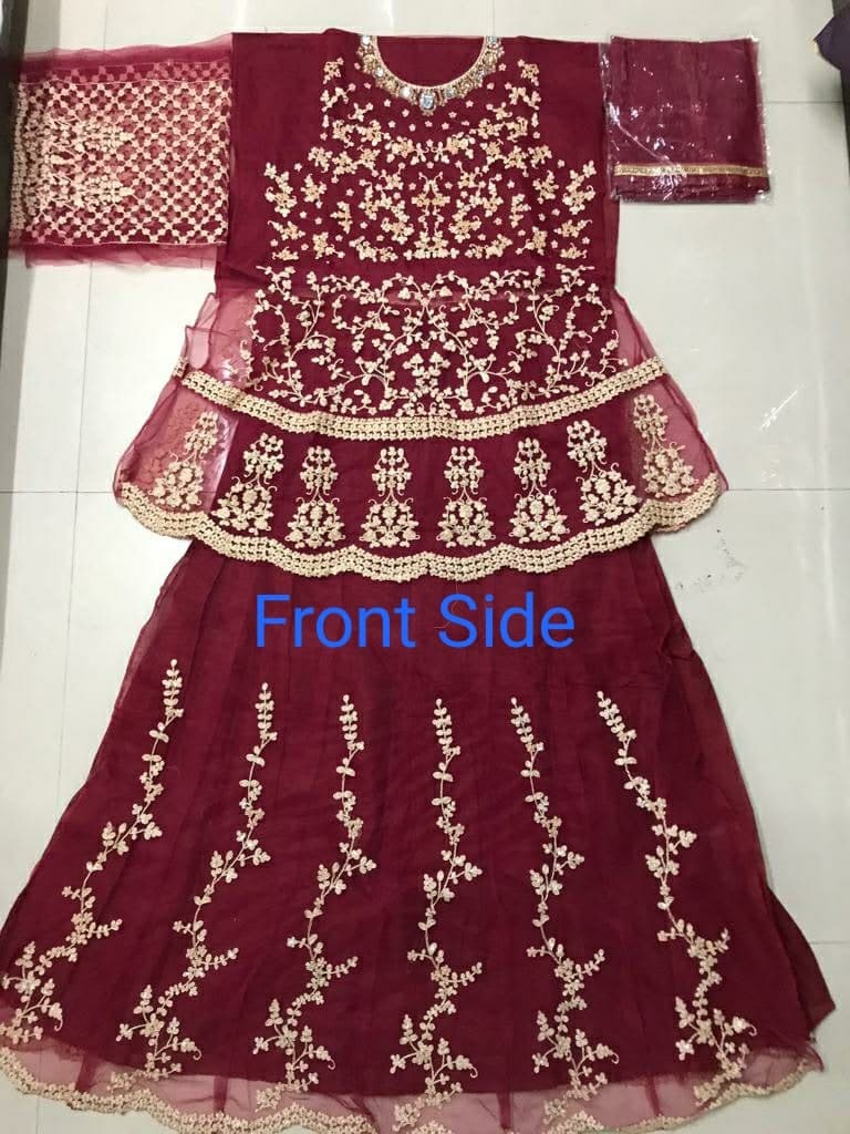 Maroon Sharara Suit In Butterfly Mono Net With Embroidery Work