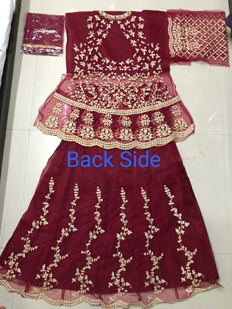 Maroon Sharara Suit In Butterfly Mono Net With Embroidery Work
