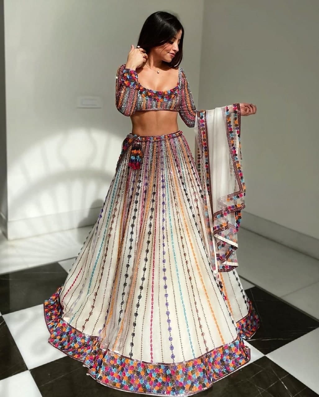 White Lehenga Choli In Nylon Mono Net With Multi Embroidery Work