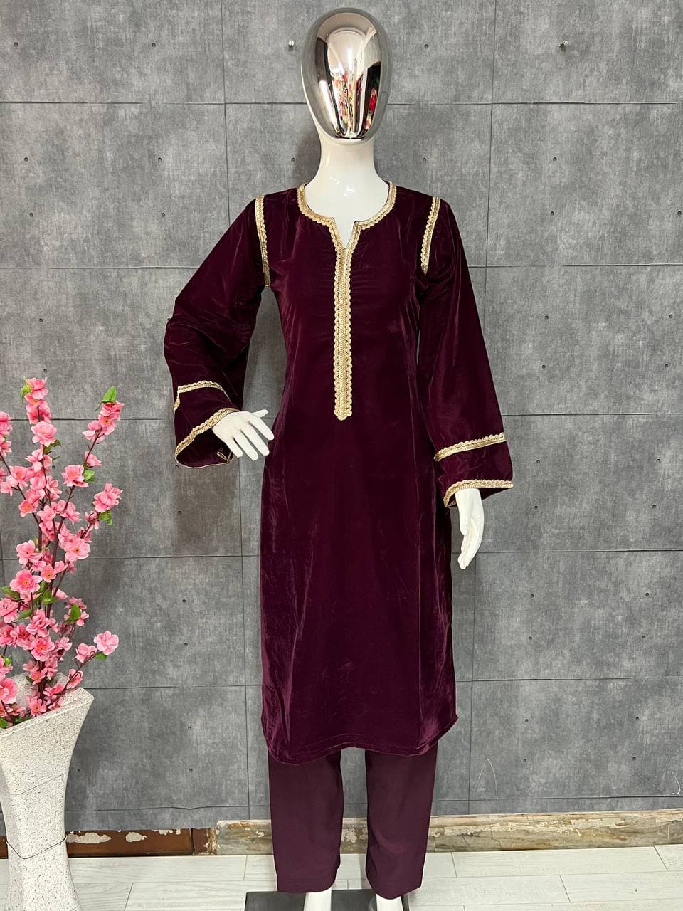Wine Salwar Suit In 9000 Velvet With Plain