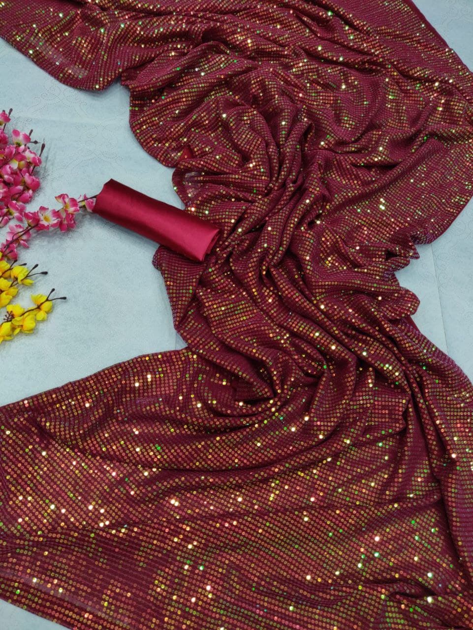 Maroon Saree In Heavy Georgette With Sequence Work