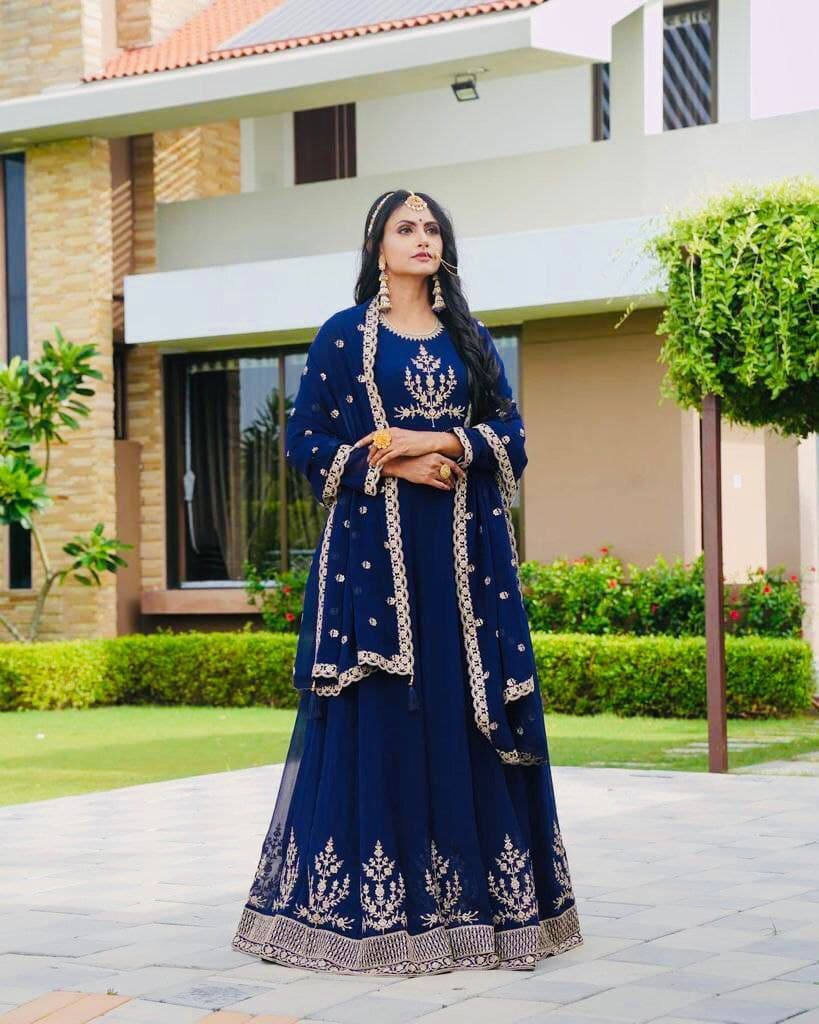 Blue Gown In Fox Georgette With Embroidery Work