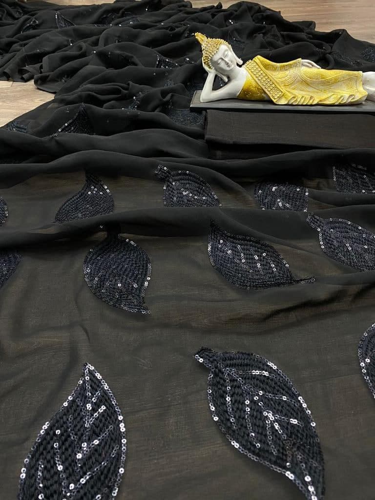 Black Saree In Georgette Silk With Sequence Embroidery Work