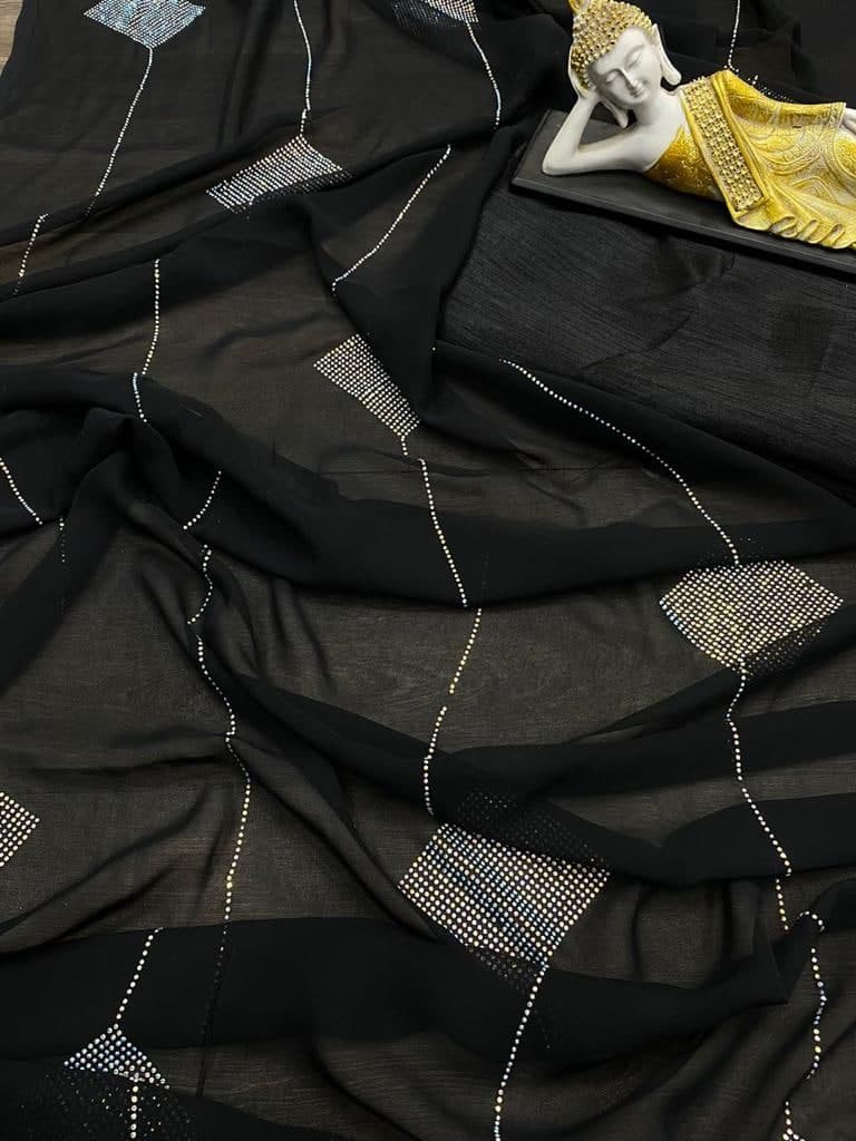 Black Saree In Georgette Silk With Hot Fixing Diamond Work