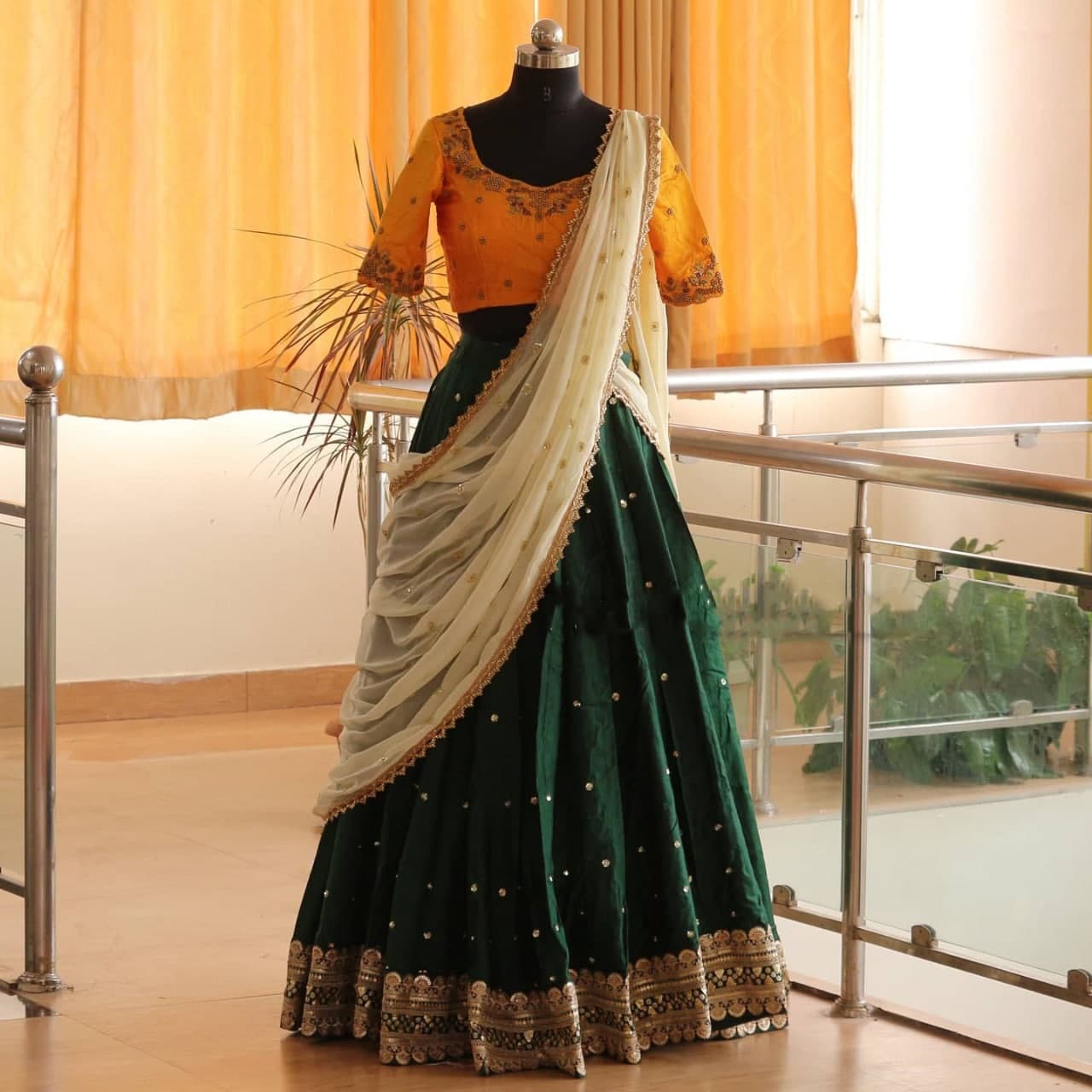 Dark Green Lehenga Choli In Mono Benglori Silk With Sequence Embroidery Work