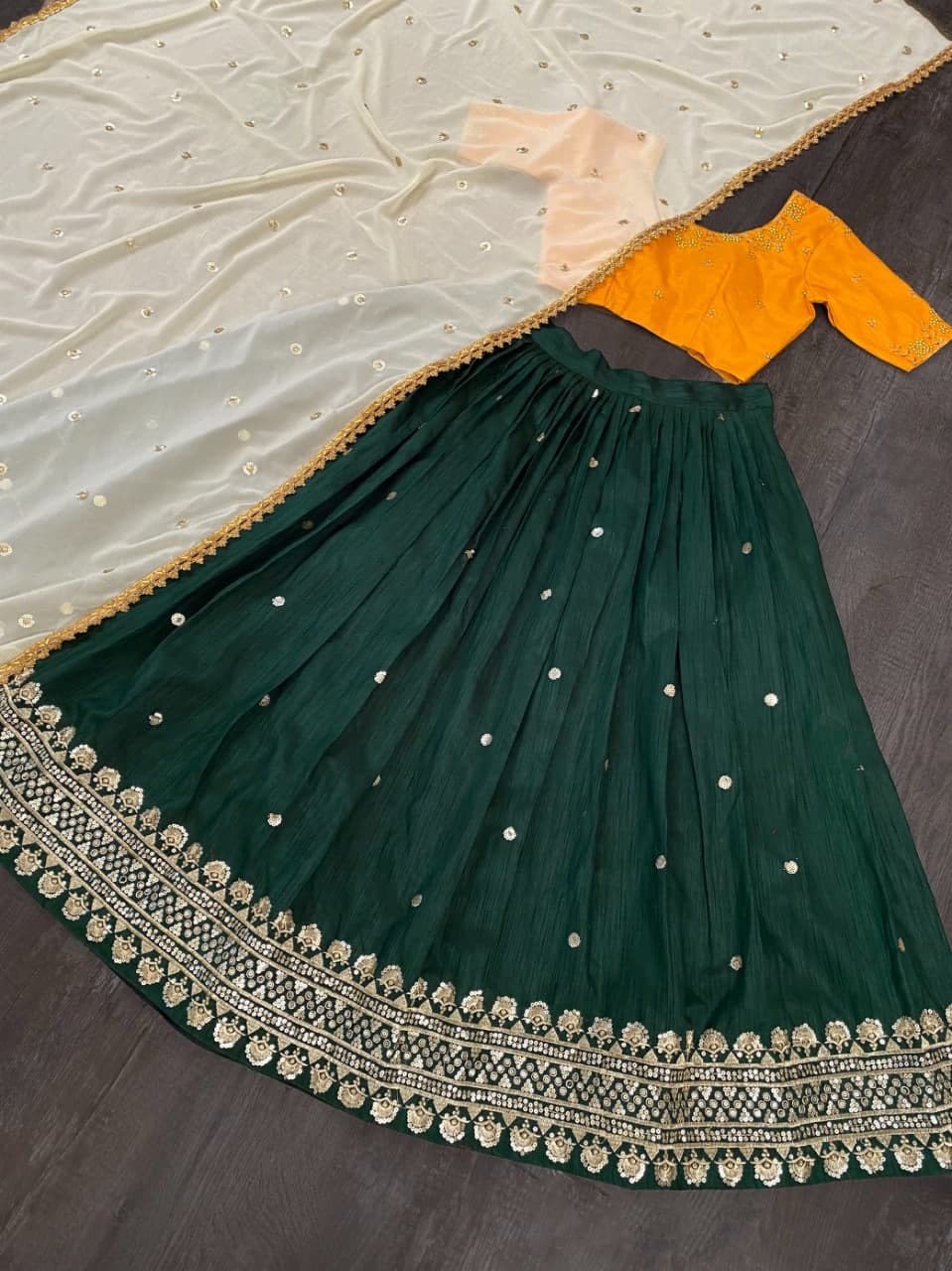 Dark Green Lehenga Choli In Mono Benglori Silk With Sequence Embroidery Work