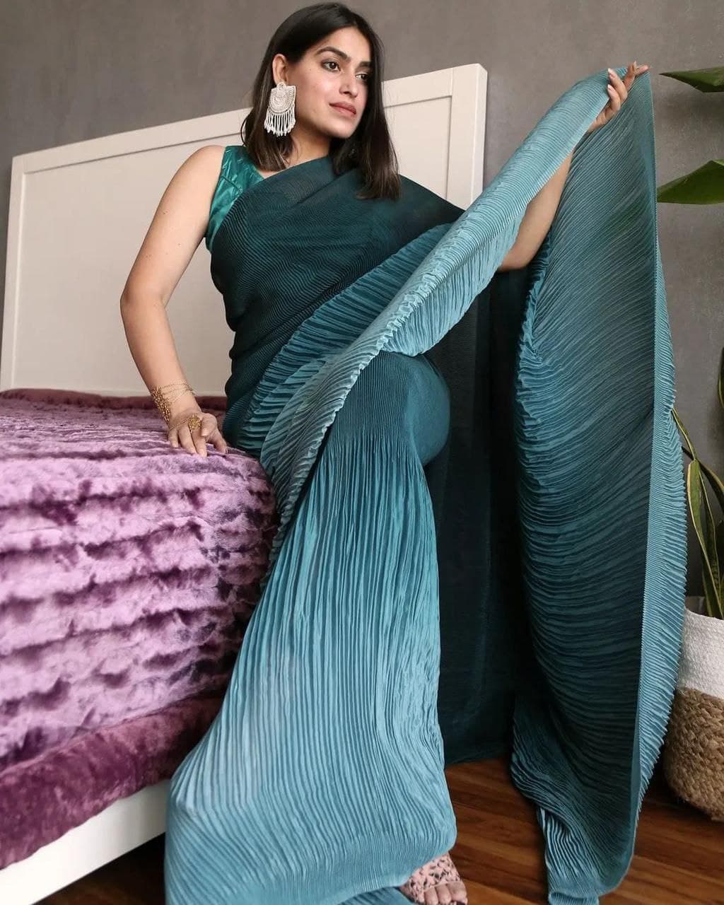 Rama Blue Saree  In Heavy Silk With Pleated Crush