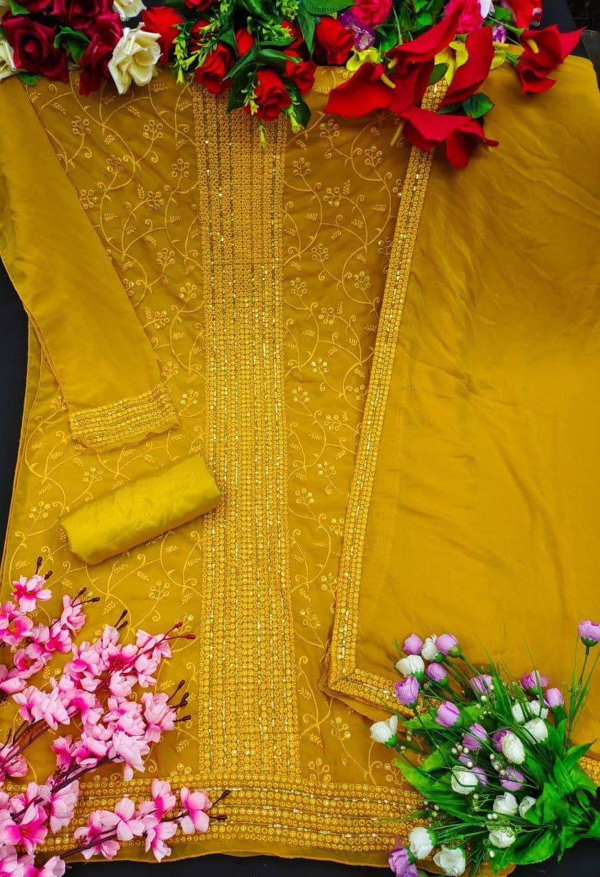 Yellow Salwar Suit In Georgette Silk With Sequence Embroidery Work