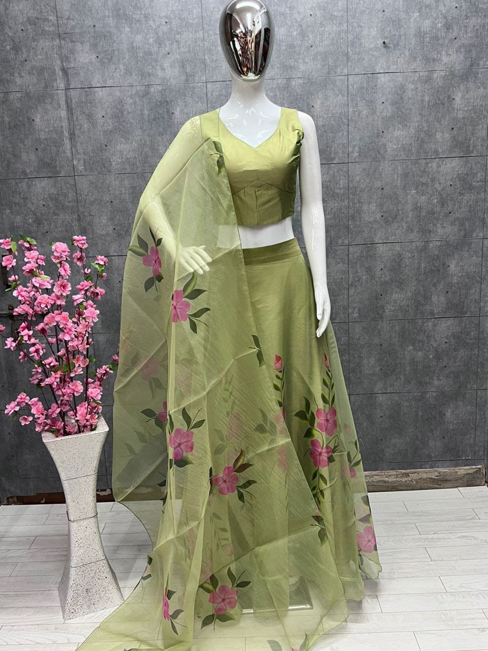Green Mehendi Lehenga Choli In Soft Taffeta Silk With Floral Printed