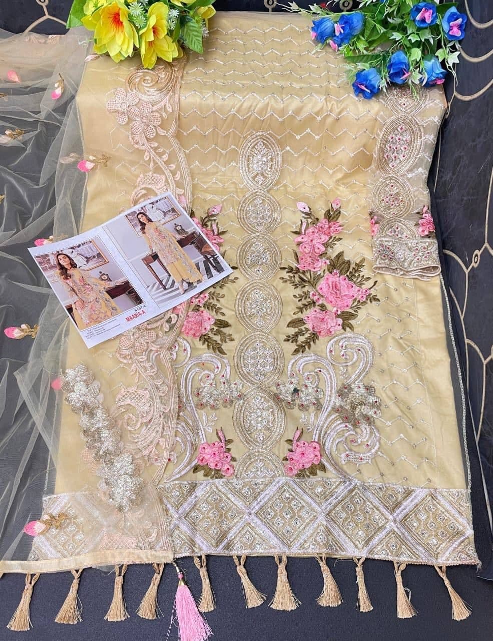 Yellow Palazzo Suit In Nylon Mono Net With Embroidery Work