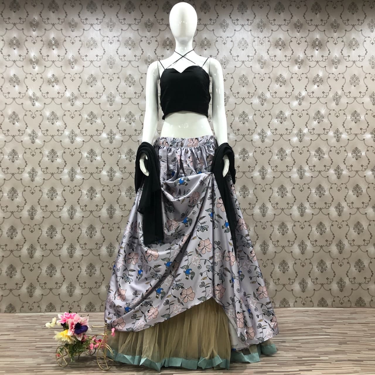 Gray Lehenga Choli In Taffeta Net With Heavy Digital Printed