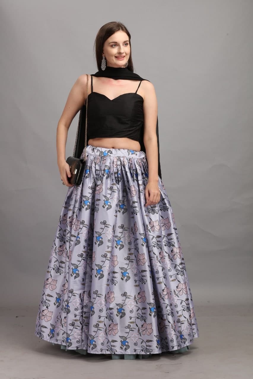 Gray Lehenga Choli In Taffeta Net With Heavy Digital Printed