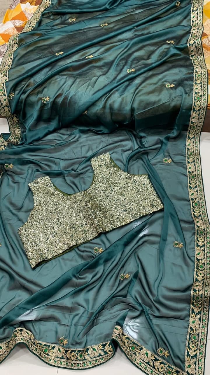 Dark Green Saree In Heavy Kasturi Silk,Georgette With Cording Work