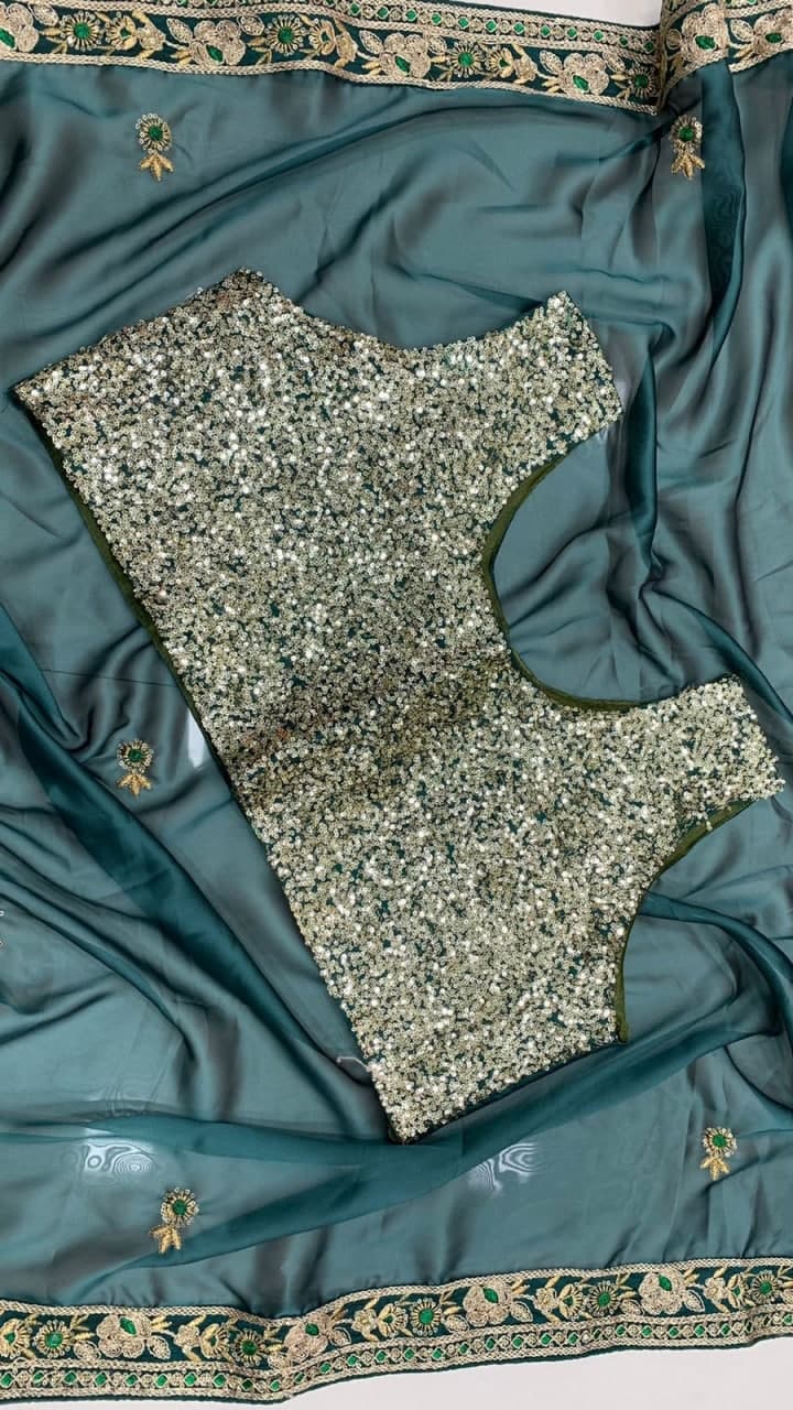 Dark Green Saree In Heavy Kasturi Silk,Georgette With Cording Work