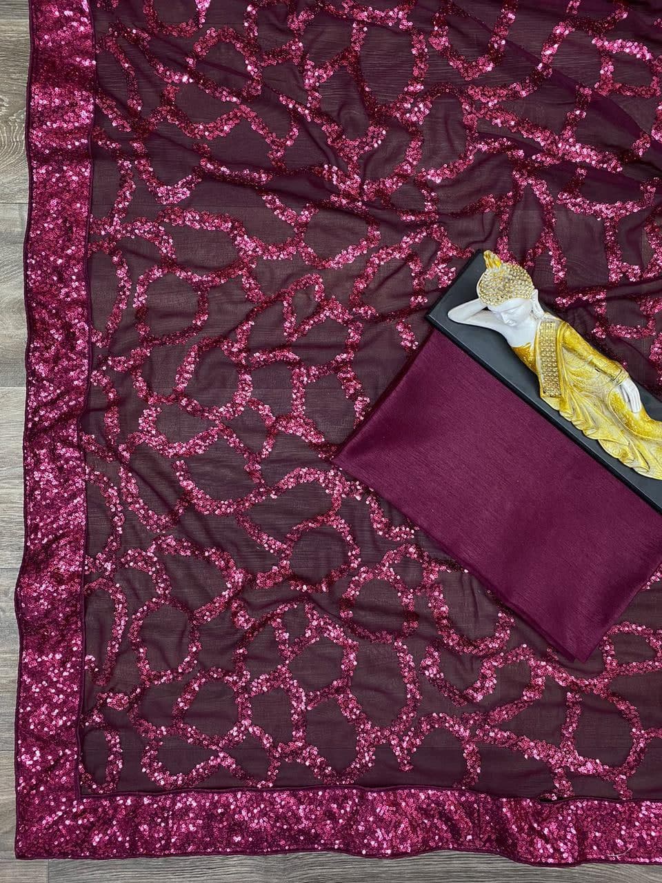 Wine Saree In Georgette With Sequence Embroidery Work