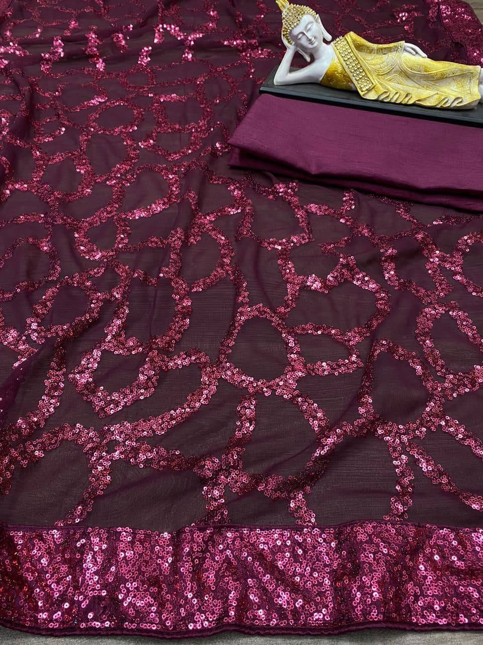 Wine Saree In Georgette With Sequence Embroidery Work