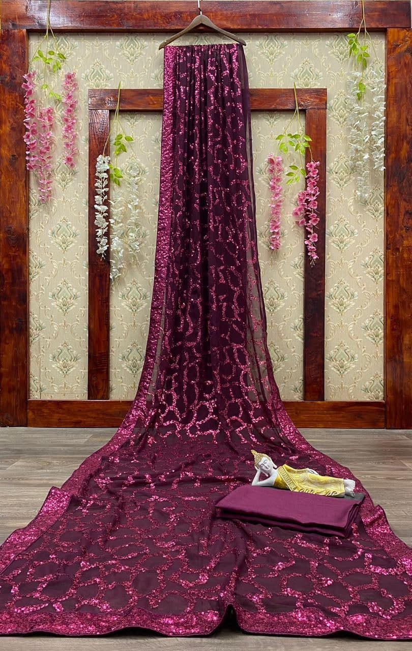 Wine Saree In Georgette With Sequence Embroidery Work