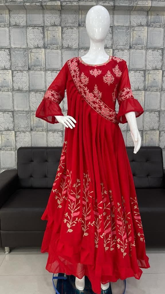 Red Gown In Georgette Silk With Embroidery Work