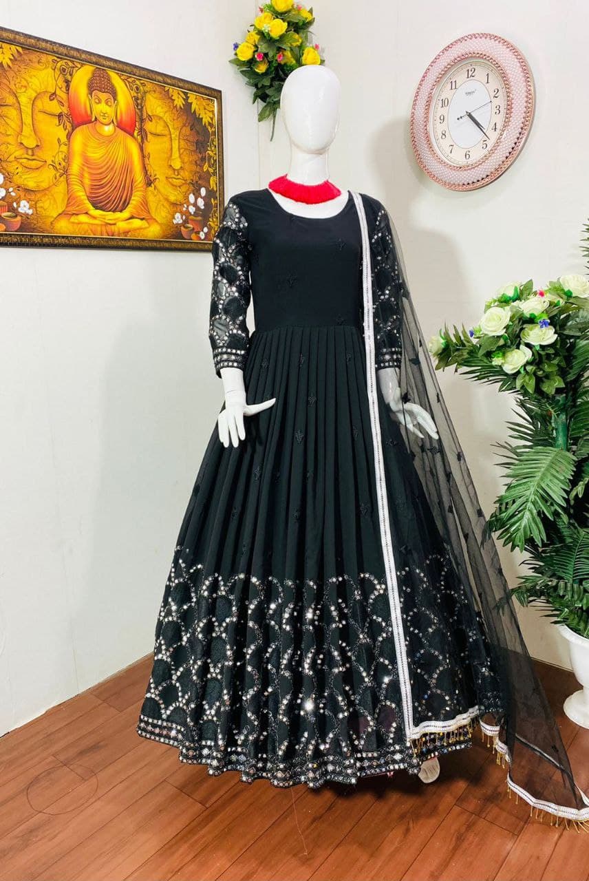 Black Gown In Fox Georgette With Embroidery Work