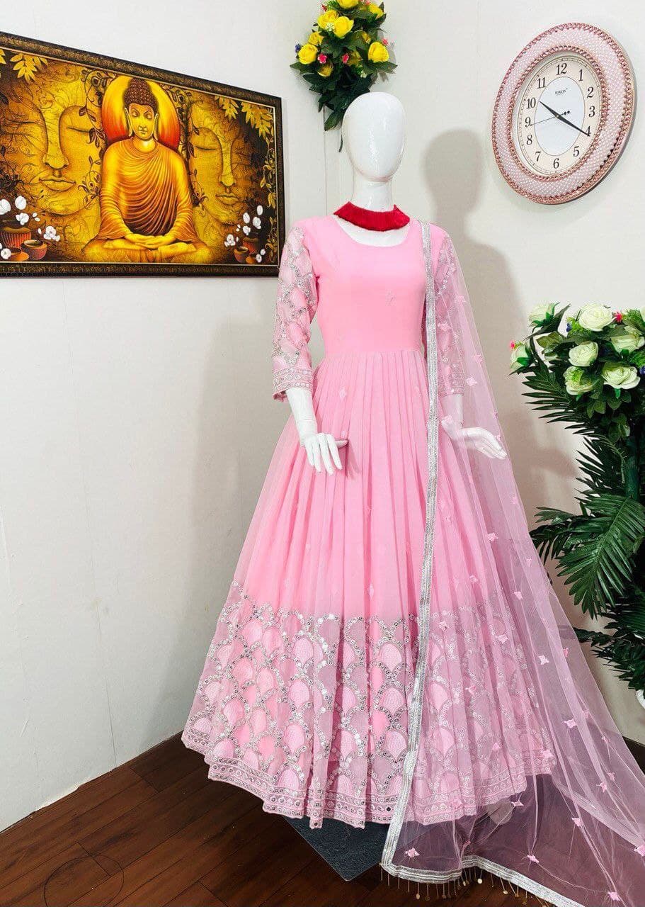 Pink Gown In Fox Georgette With Embroidery Work