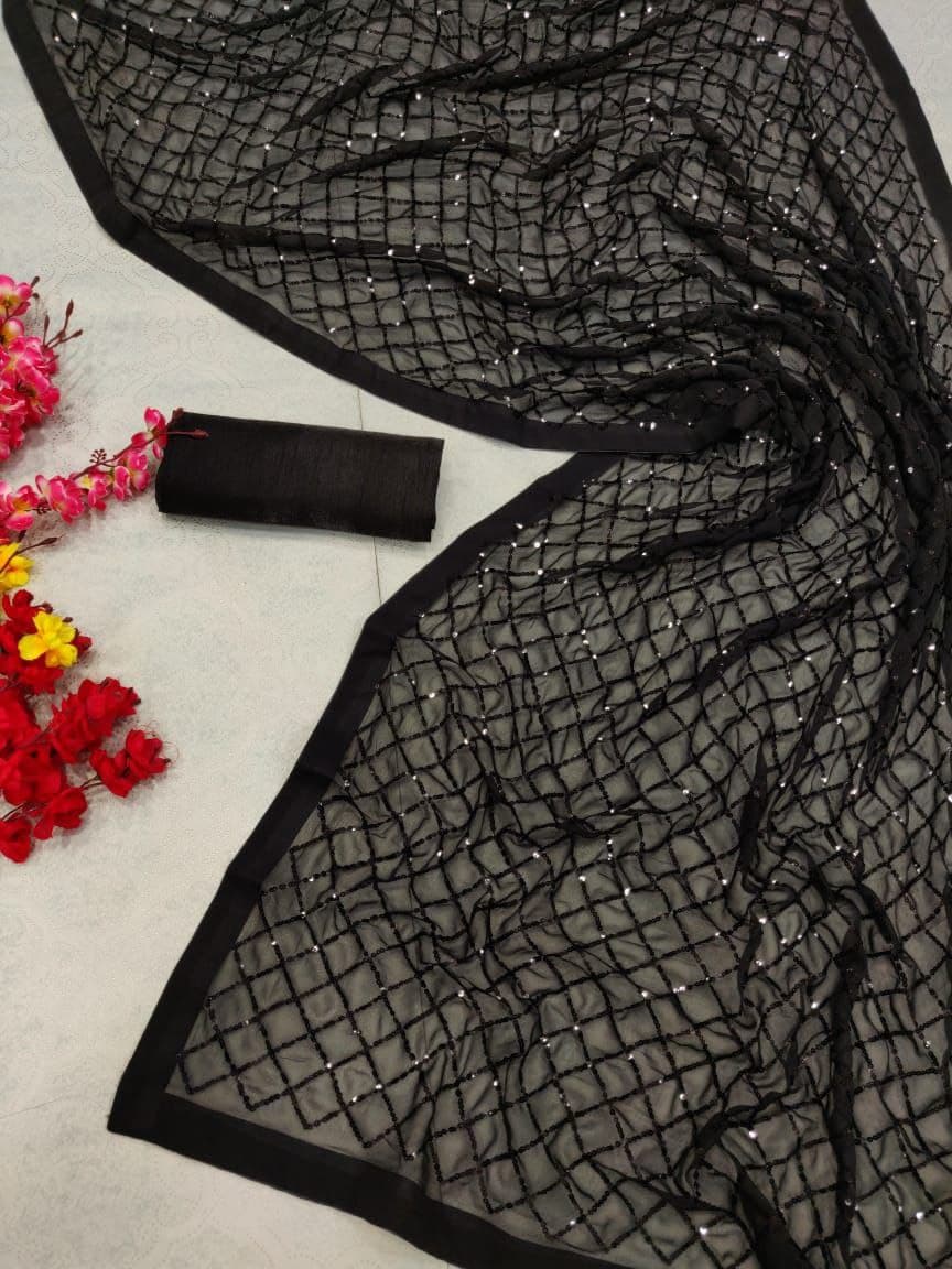 Black Saree In Heavy Georgette With 5 MM Sequence Embroidery Work