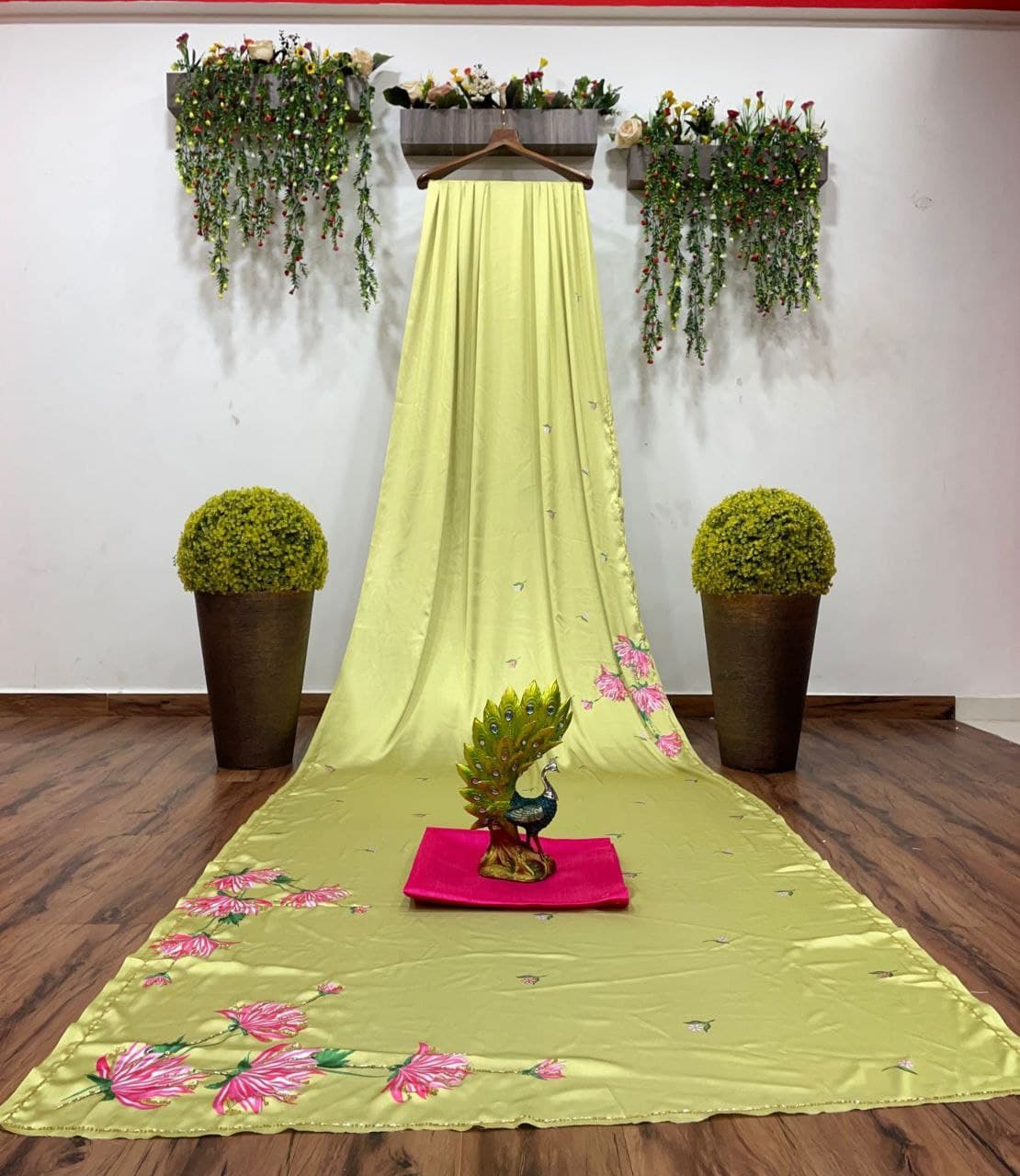 Pista Green Saree In Satin Silk With Digital Print