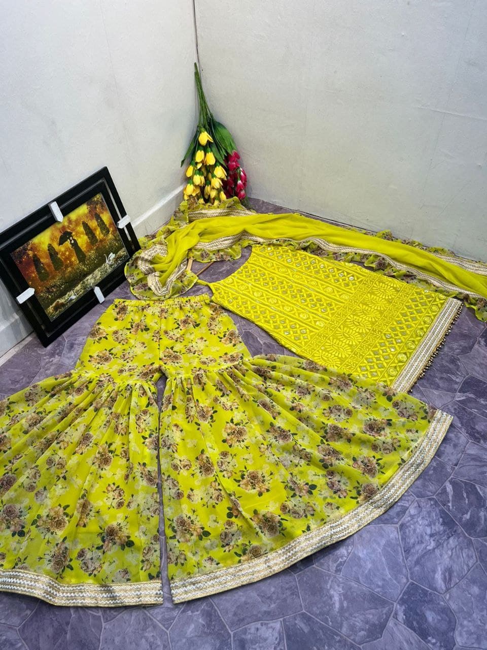 Yellow Sharara Suit In Fox Georgette With Embroidery Sequence Work