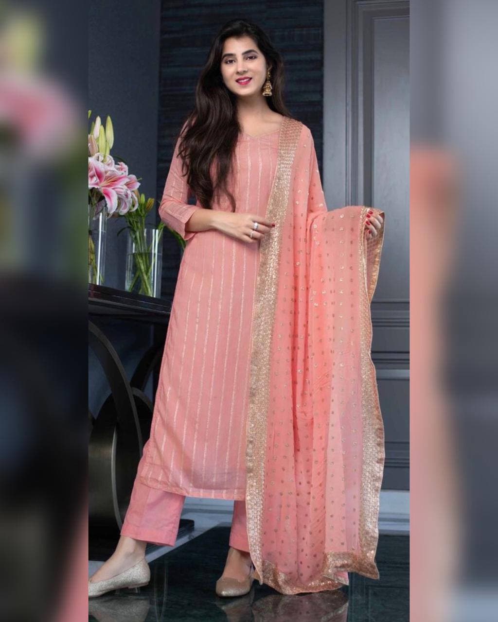 Peach Salwar Suit In Georgette Silk With Embroidered Sequence Worked