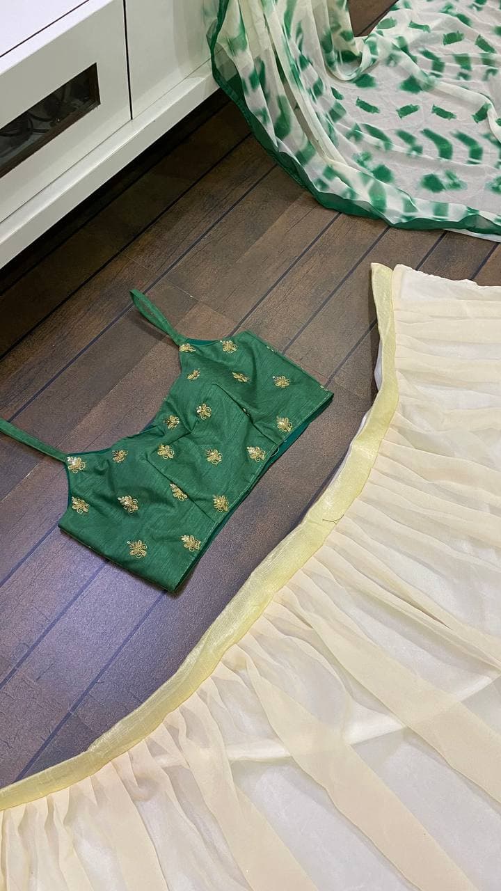 Green White Georgette Silk Shibori Printed Lehenga Choli