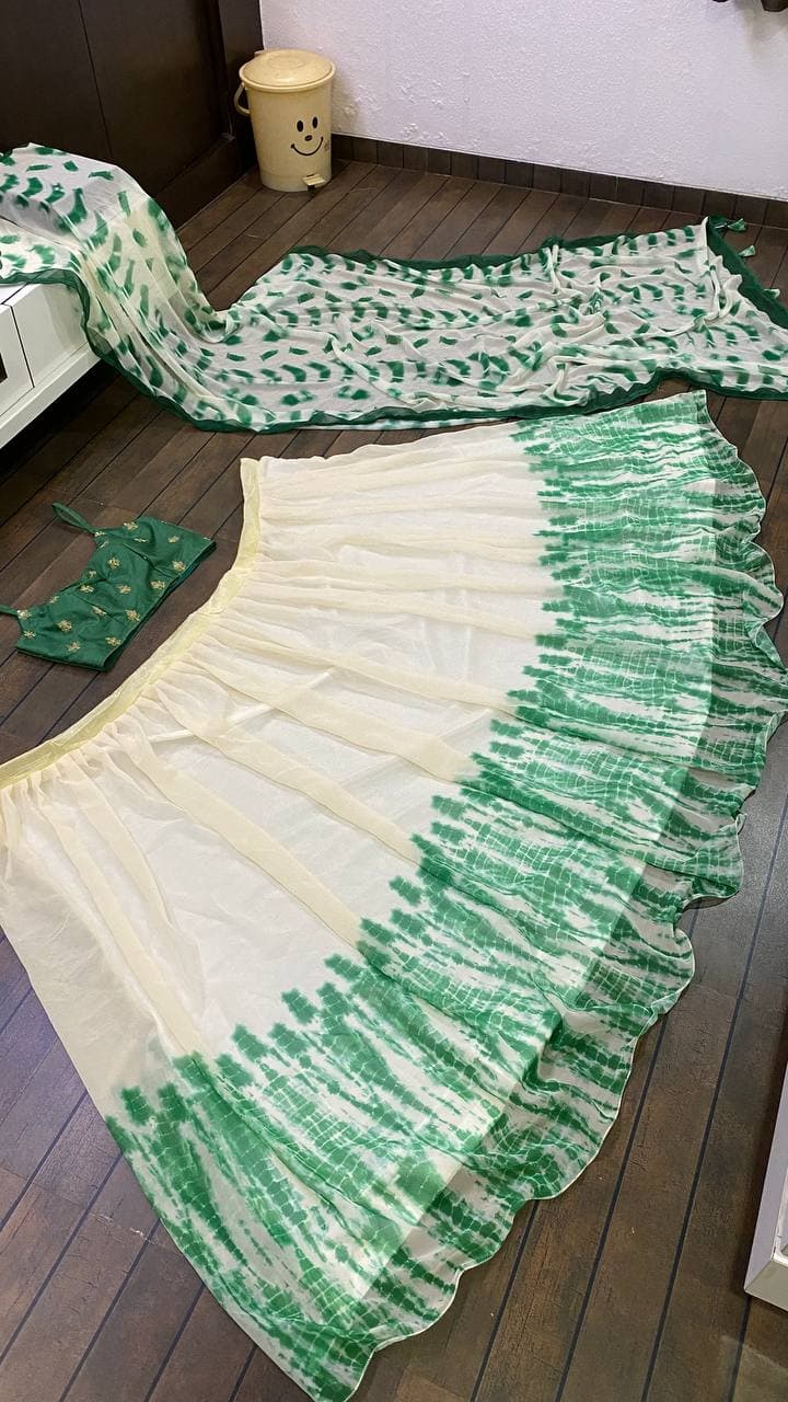 Green White Georgette Silk Shibori Printed Lehenga Choli