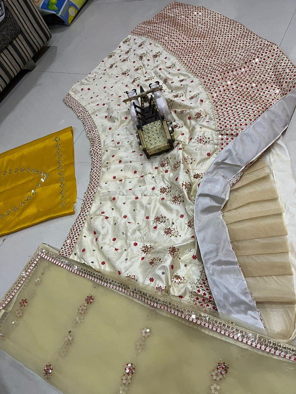 Cream Lehenga Choli In Satin Silk With Heavy Embroidery Sequence Work